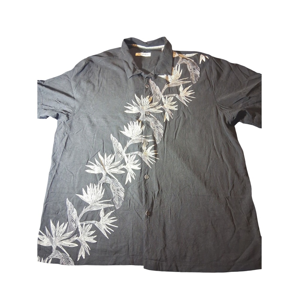 Tommy Bahama Mens XXL Black Embroidered Bird of Paradise Silk Blend Camp Shirt
